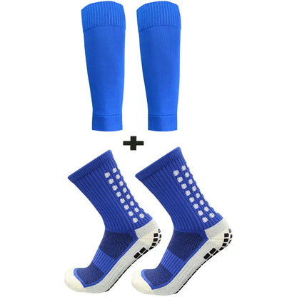 2 Pairs Set Men Grip Soccer Socks and Calf Sleeves Adult Youth Non Slip Leg Cover Guards for Basketball Football Sports Socks Leedoar