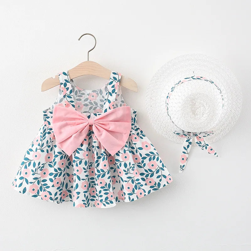 2 Pcs Girls' Summer New Dress Round Neck Cute Back Big Bow Cotton Skirt Comes with Hat for Children's Clothing Leedoar