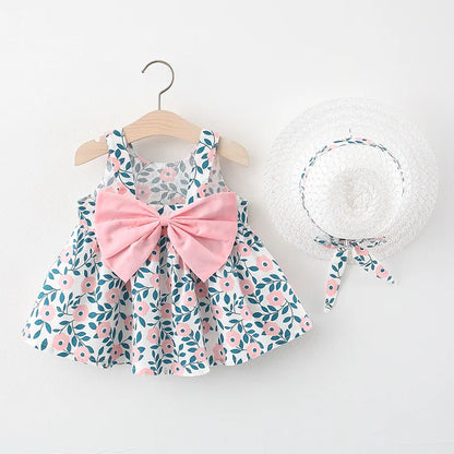 2 Pcs Girls' Summer New Dress Round Neck Cute Back Big Bow Cotton Skirt Comes with Hat for Children's Clothing Leedoar