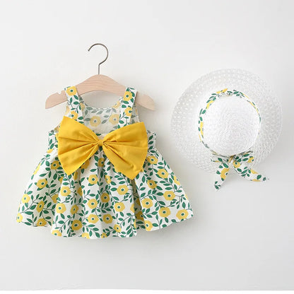 2 Pcs Girls' Summer New Dress Round Neck Cute Back Big Bow Cotton Skirt Comes with Hat for Children's Clothing Leedoar