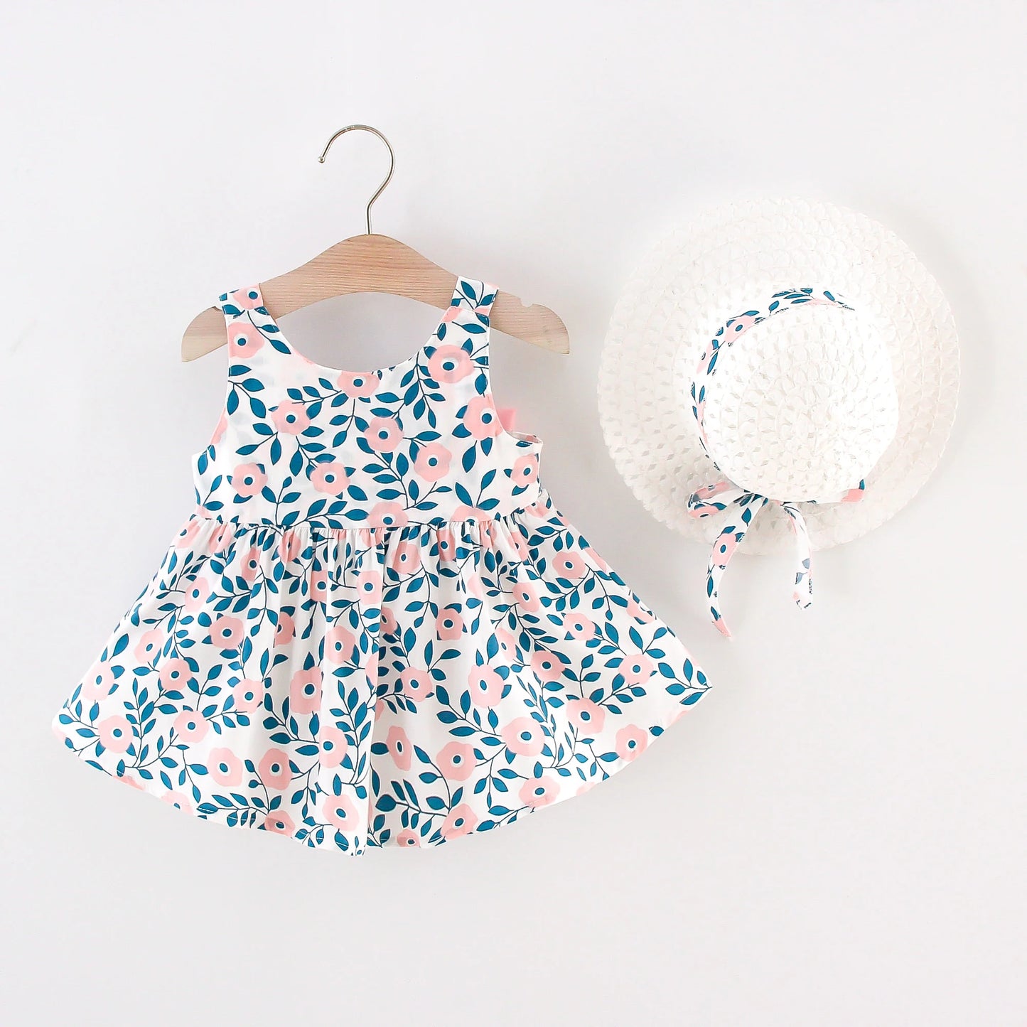 2 Pcs Girls' Summer New Dress Round Neck Cute Back Big Bow Cotton Skirt Comes with Hat for Children's Clothing Leedoar