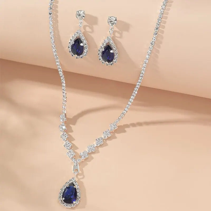 2 Pcs Set Blue Crystal Stone Denpent Necklace Bracelet With Dazzling Cubic Zircon Romantic Daily Wear Jewelry Girl Gift Leedoar