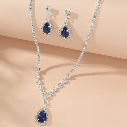 2 Pcs Set Blue Crystal Stone Denpent Necklace Bracelet With Dazzling Cubic Zircon Romantic Daily Wear Jewelry Girl Gift Leedoar