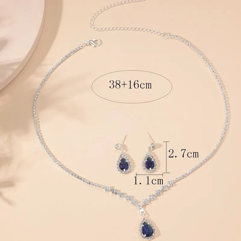 2 Pcs Set Blue Crystal Stone Denpent Necklace Bracelet With Dazzling Cubic Zircon Romantic Daily Wear Jewelry Girl Gift Leedoar