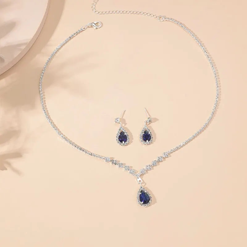 2 Pcs Set Blue Crystal Stone Denpent Necklace Bracelet With Dazzling Cubic Zircon Romantic Daily Wear Jewelry Girl Gift Leedoar