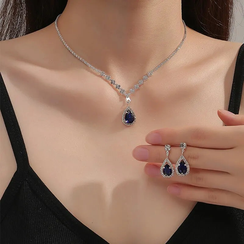 2 Pcs Set Blue Crystal Stone Denpent Necklace Bracelet With Dazzling Cubic Zircon Romantic Daily Wear Jewelry Girl Gift Leedoar