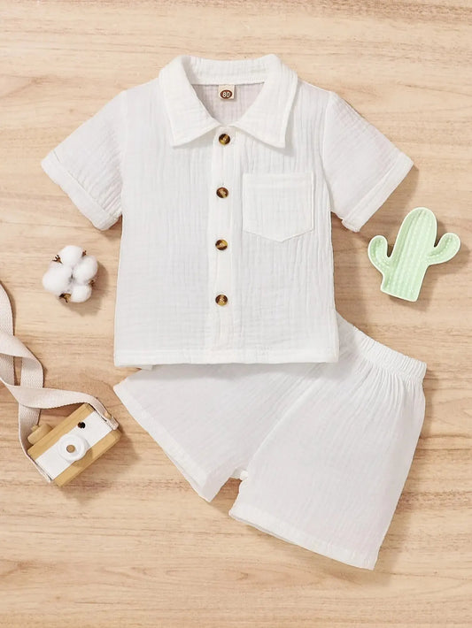 2-Piece Baby Boy Summer Cute Sports Comfortable Breathable Solid Color Casual Shirt Fashion Cotton Shorts Baby Girl Set Leedoar