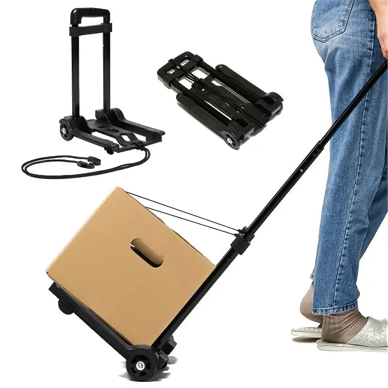 2 Rounds Folding Hand Truck Black Small Lightweight Cart Portable Telescopic Dolly Backpack Luggage Travel Moving Shopping Leedoar