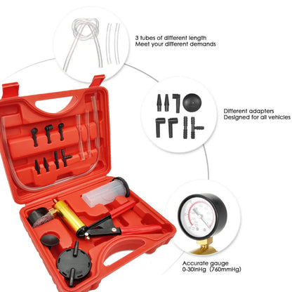 2 em 1 Manual Bomba de Pressão de Vácuo Kit de Drenagem de Fluido de Freio Kit de Teste de Bomba de Pistola de Vácuo Medidor de Vácuo de Alumínio Portátil Durável 