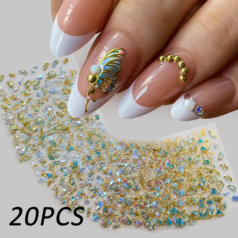 20 Sheets Spring Flower Nail Sticker 3D Self-Adhesive Colorful Gold Blue Butterfly Nail Decal Slider Bronzing Decoration Y2K Leedoar