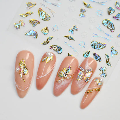 20 Sheets Spring Flower Nail Sticker 3D Self-Adhesive Colorful Gold Blue Butterfly Nail Decal Slider Bronzing Decoration Y2K Leedoar