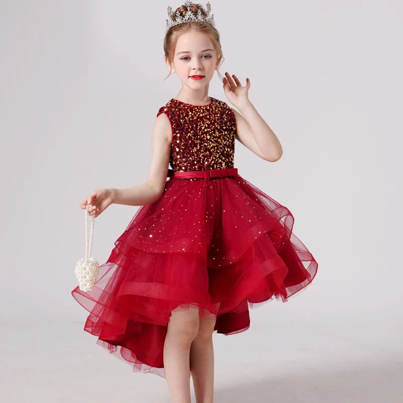 2023 Hot style Summer Sequin Lace Tuxedo Wedding Dress for girls 3-13 years old Sleeveless fluffy Mesh gauze Doveark brand Leedoar