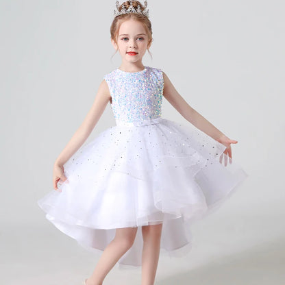 2023 Hot style Summer Sequin Lace Tuxedo Wedding Dress for girls 3-13 years old Sleeveless fluffy Mesh gauze Doveark brand Leedoar