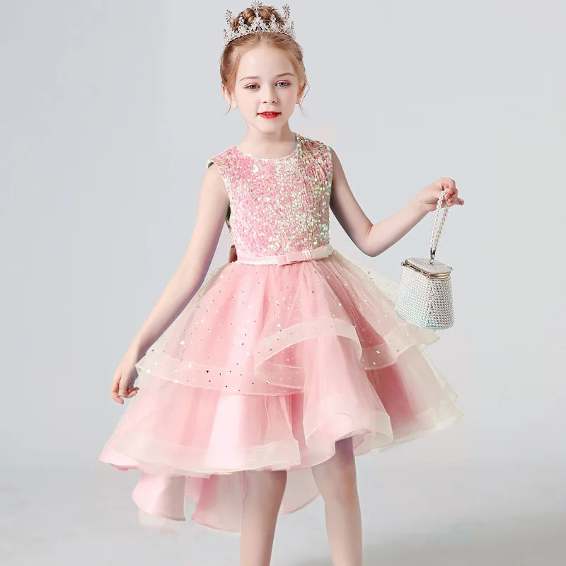 2023 Hot style Summer Sequin Lace Tuxedo Wedding Dress for girls 3-13 years old Sleeveless fluffy Mesh gauze Doveark brand Leedoar