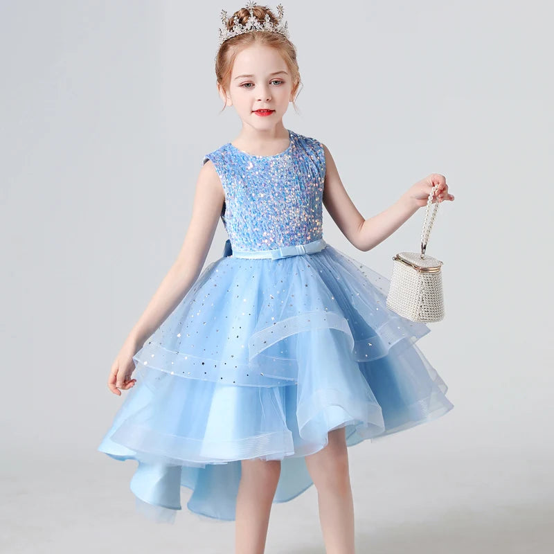 2023 Hot style Summer Sequin Lace Tuxedo Wedding Dress for girls 3-13 years old Sleeveless fluffy Mesh gauze Doveark brand Leedoar