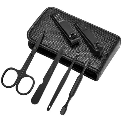 2023 New 6 Pcs Portable Luxury Manicure Sets Pedicure Kits Bright Black Nail Clipper Set Personal Care Tools Eyebrow Scissors Leedoar