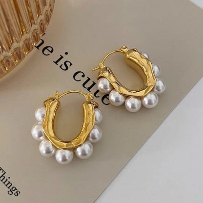 2023 New Arrival Retro Elegant Imitation Pearl Oval Hoop Earrings For Women Fashion Classic Geometric Jewelry Gifts Leedoar