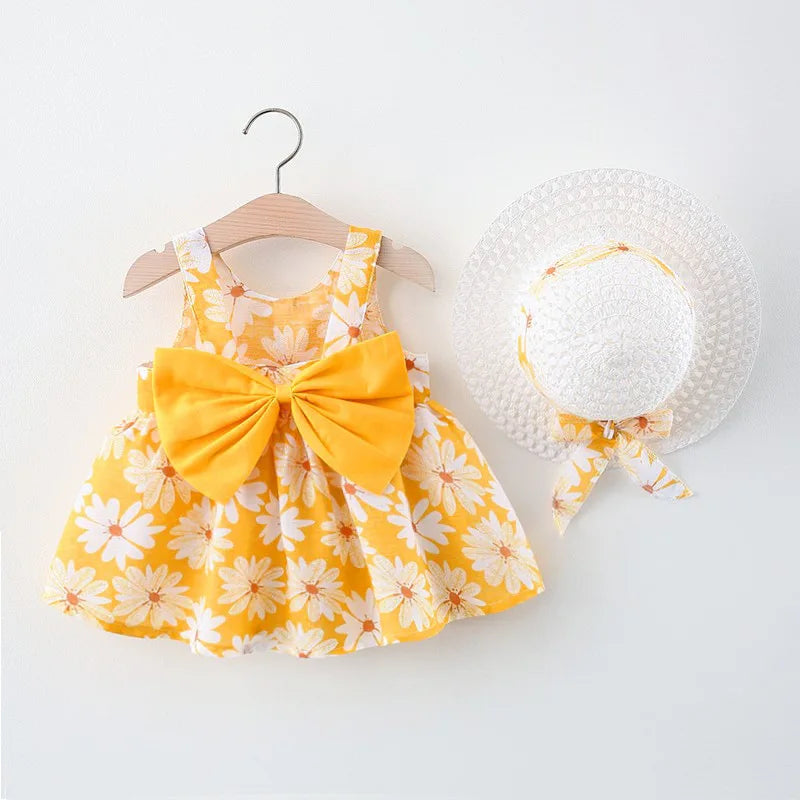 2023 Summer New Baby Dress Small Daisy Cotton Princess Dress Big Bow Sling Children's Clothing Gift Hat Leedoar