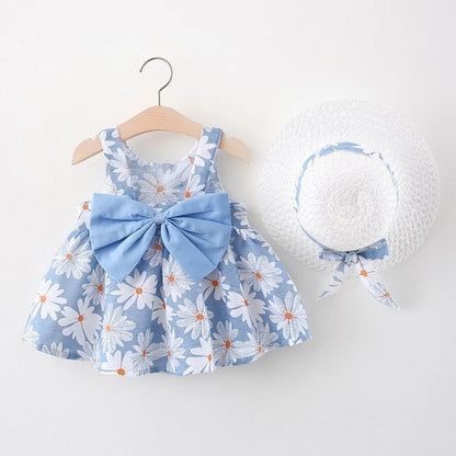 2023 Summer New Baby Dress Small Daisy Cotton Princess Dress Big Bow Sling Children's Clothing Gift Hat Leedoar