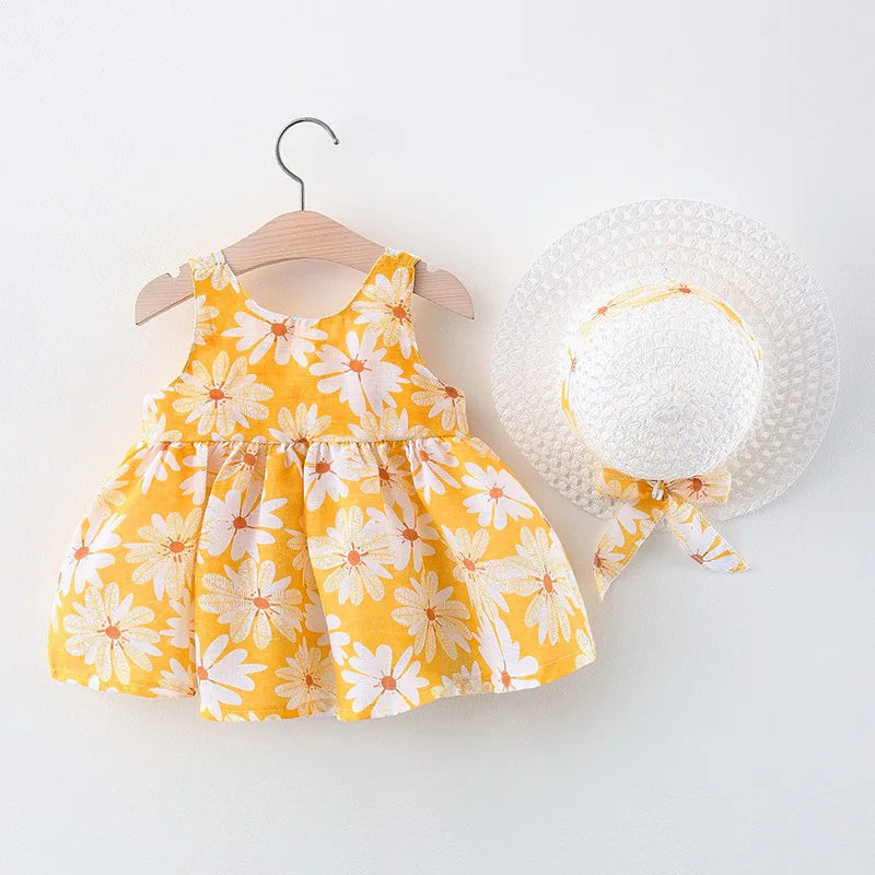 2023 Summer New Baby Dress Small Daisy Cotton Princess Dress Big Bow Sling Children's Clothing Gift Hat Leedoar