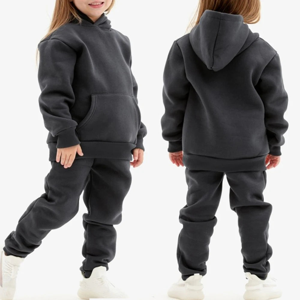 2023 Winter Children Hooded Tracksuits Suits 0-6Y Toddler Boys Girls Clothing Suit Solid Plush Sweater and Sports Pants Set Leedoar