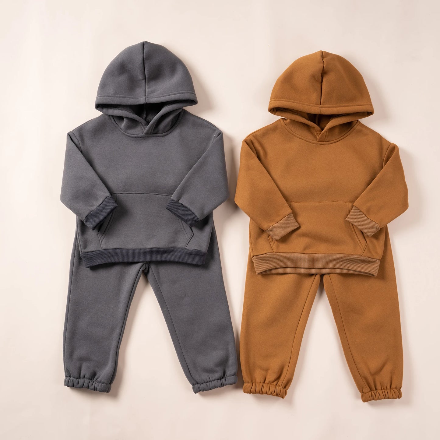 2023 Winter Children Hooded Tracksuits Suits 0-6Y Toddler Boys Girls Clothing Suit Solid Plush Sweater and Sports Pants Set Leedoar