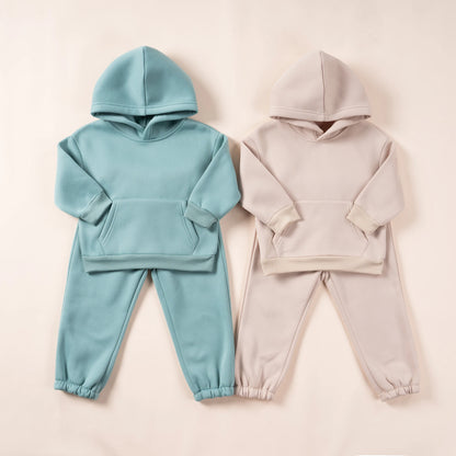 2023 Winter Children Hooded Tracksuits Suits 0-6Y Toddler Boys Girls Clothing Suit Solid Plush Sweater and Sports Pants Set Leedoar