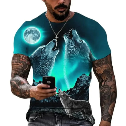 Camiseta masculina de lobo 2023, estampa animal, manga curta, camiseta casual 3D, camiseta masculina de rua, camiseta grande, roupa vintage masculina 