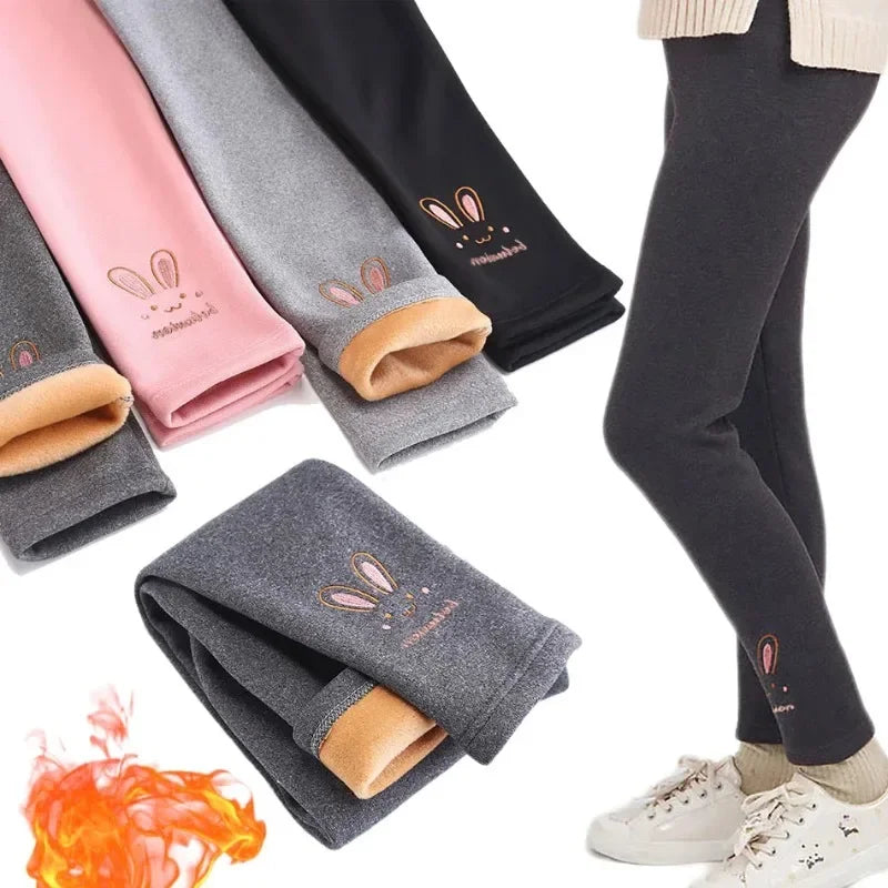 2024 Children Leggings Girls Fleece Lined Thermal Bottoms Baby Casual Trousers Kids Warm Pants Elastic Bunny Tights 3-8 Years Leedoar