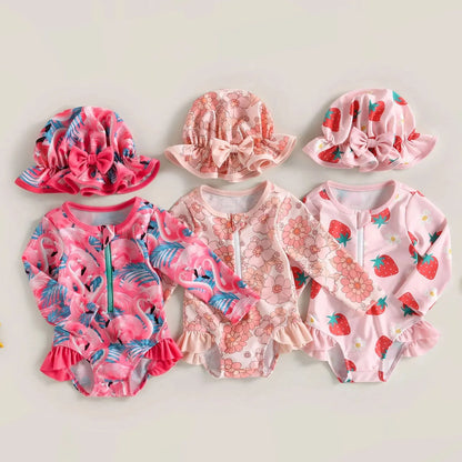 2024 Infant Baby Girl Summer Outfits Flamingo/Flower Print Long Sleeve Zipper Swimwear Jumpsuit Headband Girls Bathing Suits Leedoar