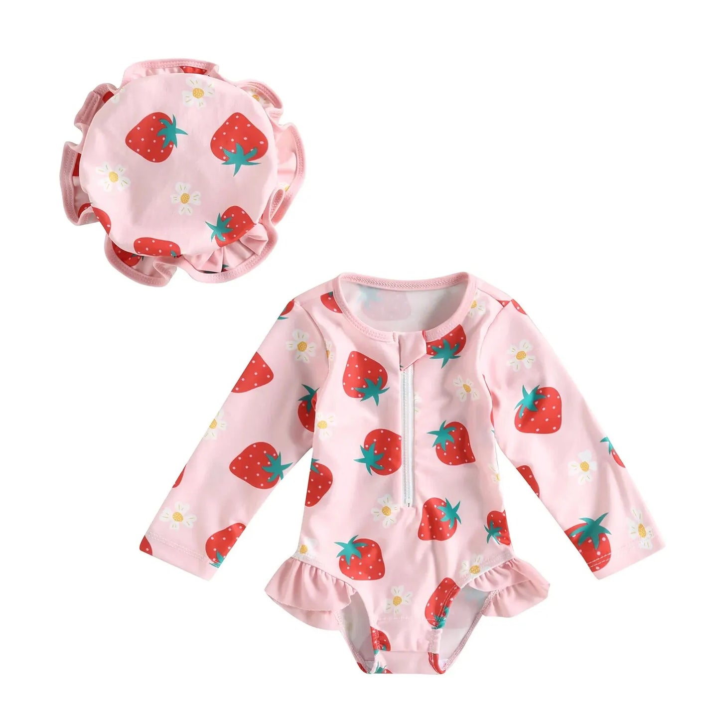 2024 Infant Baby Girl Summer Outfits Flamingo/Flower Print Long Sleeve Zipper Swimwear Jumpsuit Headband Girls Bathing Suits Leedoar