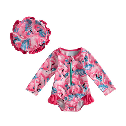 2024 Infant Baby Girl Summer Outfits Flamingo/Flower Print Long Sleeve Zipper Swimwear Jumpsuit Headband Girls Bathing Suits Leedoar