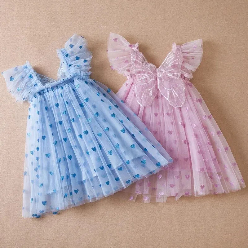 2024 Kids Dress Girl Summer Dress with Butterfly Wings Floral Puff Sleeve Dance Performance Tutu Mesh Princess Dress Clothes Leedoar