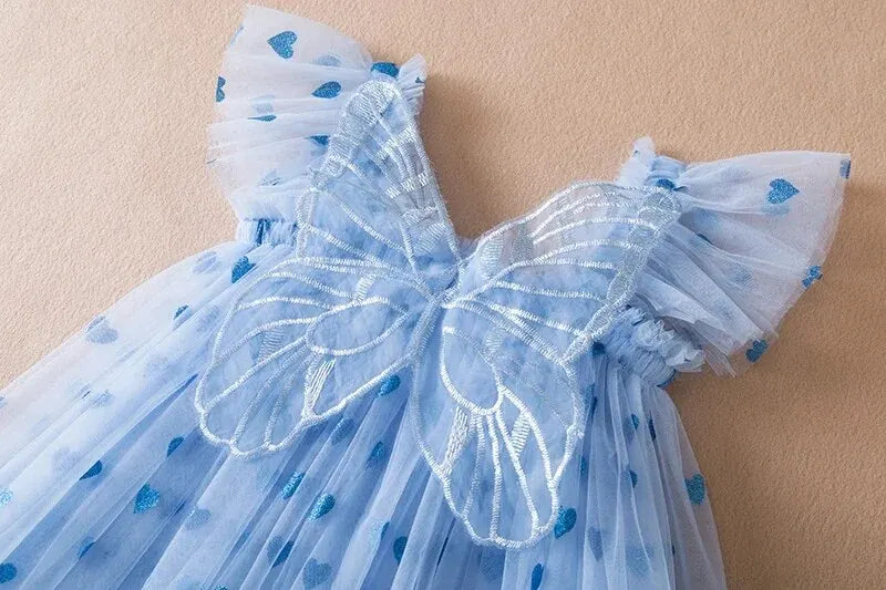 2024 Kids Dress Girl Summer Dress with Butterfly Wings Floral Puff Sleeve Dance Performance Tutu Mesh Princess Dress Clothes Leedoar