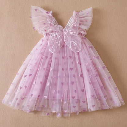 2024 Kids Dress Girl Summer Dress with Butterfly Wings Floral Puff Sleeve Dance Performance Tutu Mesh Princess Dress Clothes Leedoar