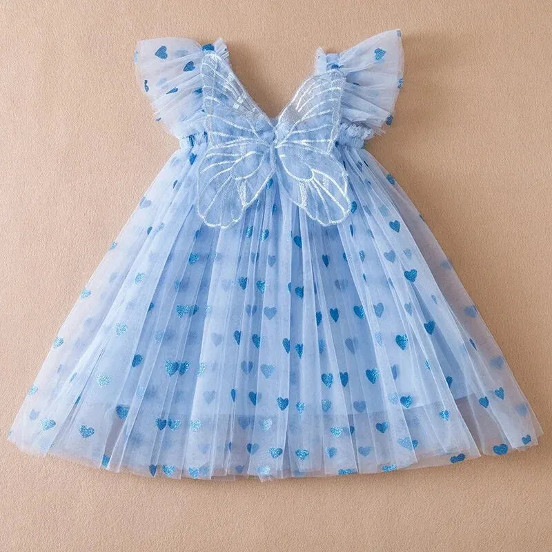 2024 Kids Dress Girl Summer Dress with Butterfly Wings Floral Puff Sleeve Dance Performance Tutu Mesh Princess Dress Clothes Leedoar