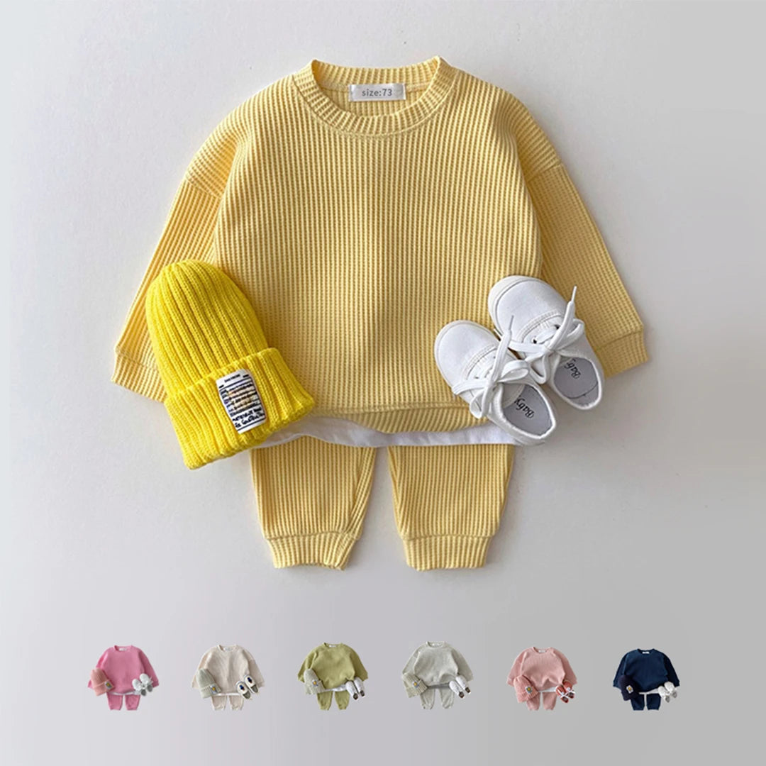 2024 Korea Toddler Baby Clothing Sets For Infant Baby Boys Clothes Set Mock Two-piece Waffle Cotton Sweatshirt+Pants 2pcs Outfit Leedoar