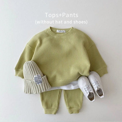 2024 Korea Toddler Baby Clothing Sets For Infant Baby Boys Clothes Set Mock Two-piece Waffle Cotton Sweatshirt+Pants 2pcs Outfit Leedoar