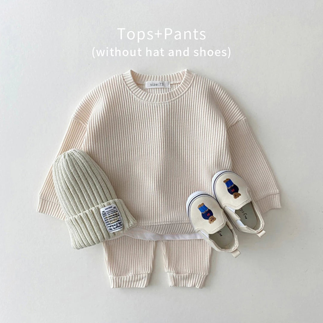 2024 Korea Toddler Baby Clothing Sets For Infant Baby Boys Clothes Set Mock Two-piece Waffle Cotton Sweatshirt+Pants 2pcs Outfit Leedoar