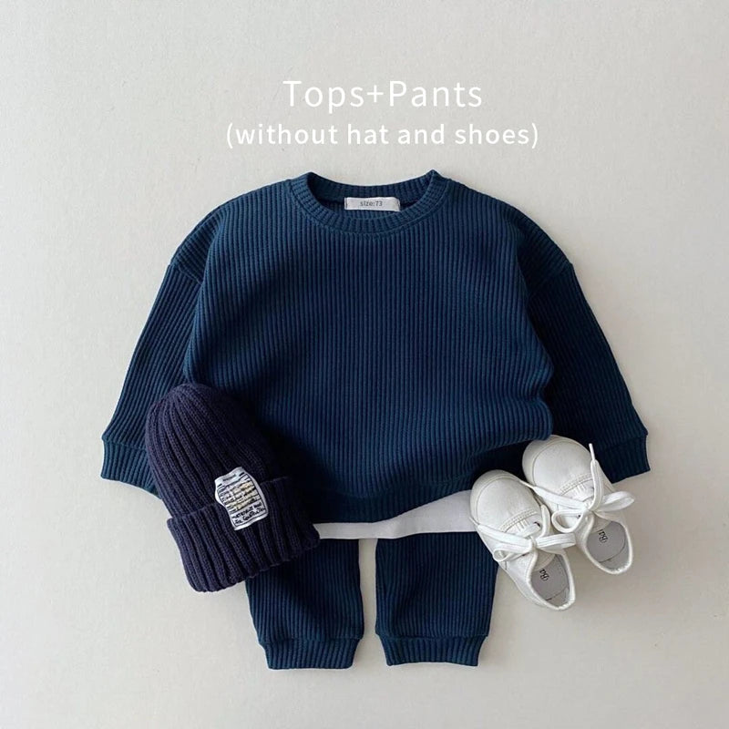 2024 Korea Toddler Baby Clothing Sets For Infant Baby Boys Clothes Set Mock Two-piece Waffle Cotton Sweatshirt+Pants 2pcs Outfit Leedoar