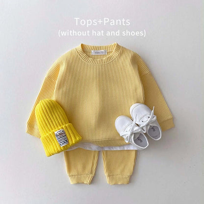 2024 Korea Toddler Baby Clothing Sets For Infant Baby Boys Clothes Set Mock Two-piece Waffle Cotton Sweatshirt+Pants 2pcs Outfit Leedoar