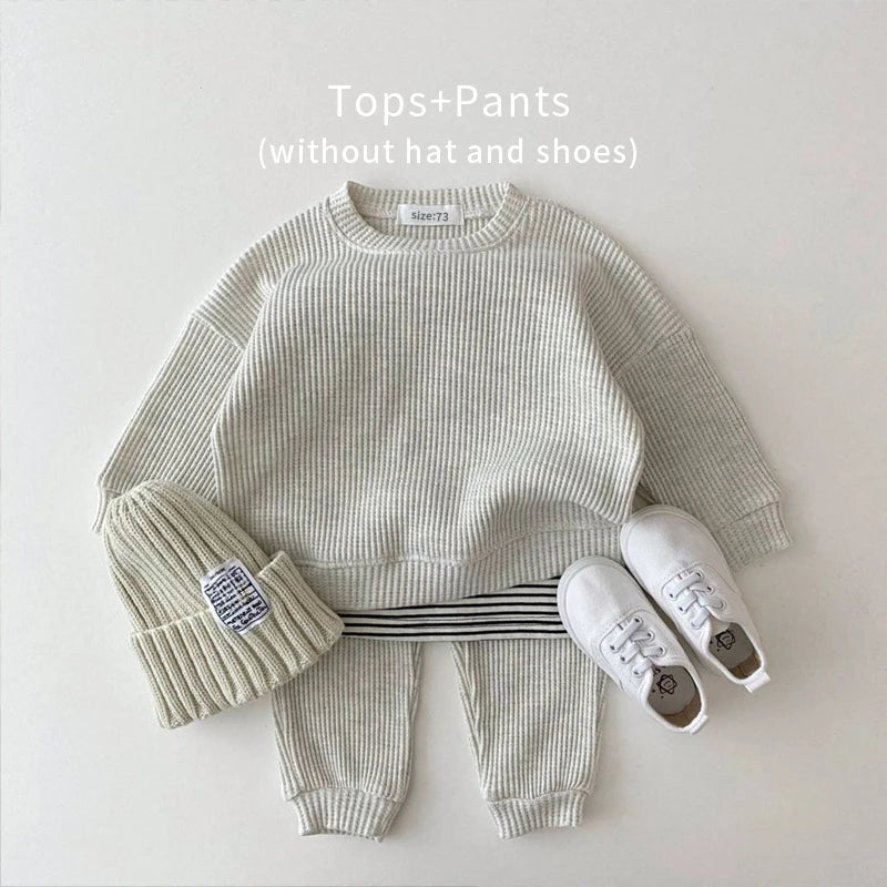 2024 Korea Toddler Baby Clothing Sets For Infant Baby Boys Clothes Set Mock Two-piece Waffle Cotton Sweatshirt+Pants 2pcs Outfit Leedoar