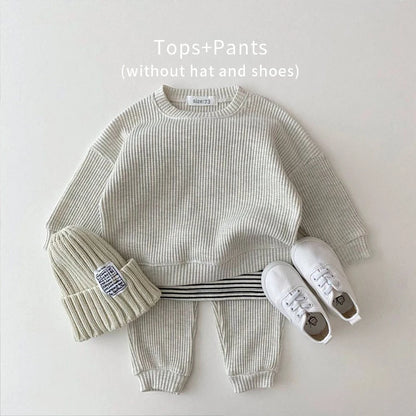 2024 Korea Toddler Baby Clothing Sets For Infant Baby Boys Clothes Set Mock Two-piece Waffle Cotton Sweatshirt+Pants 2pcs Outfit Leedoar