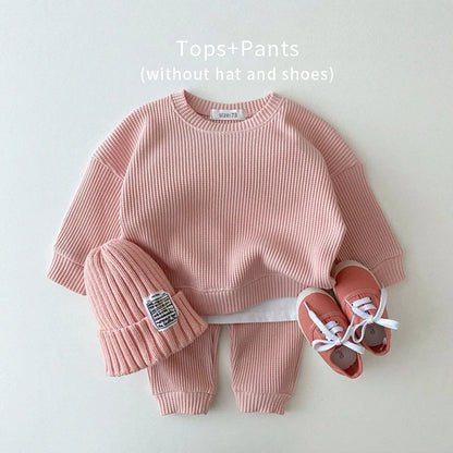 2024 Korea Toddler Baby Clothing Sets For Infant Baby Boys Clothes Set Mock Two-piece Waffle Cotton Sweatshirt+Pants 2pcs Outfit Leedoar