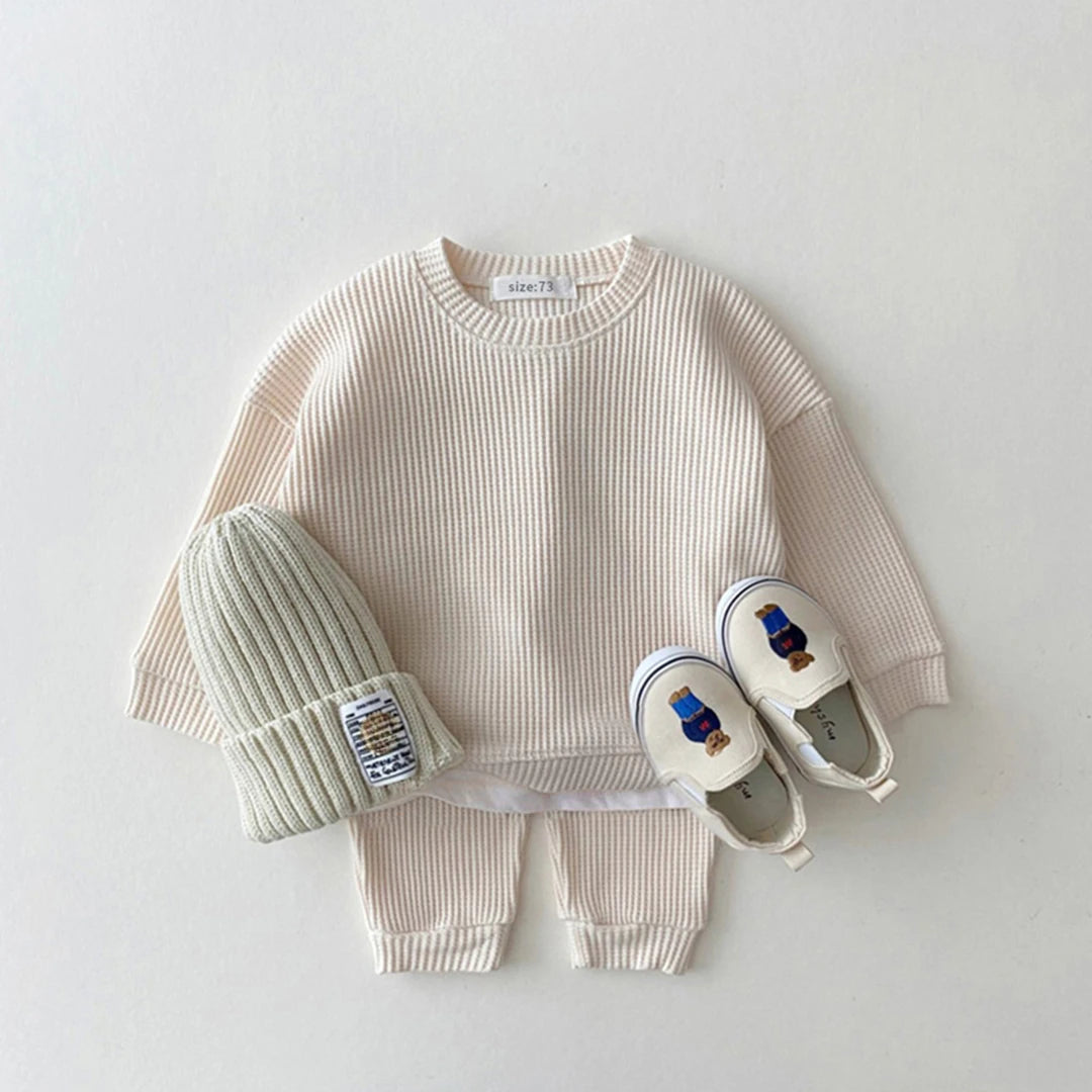 2024 Korea Toddler Baby Clothing Sets For Infant Baby Boys Clothes Set Mock Two-piece Waffle Cotton Sweatshirt+Pants 2pcs Outfit Leedoar