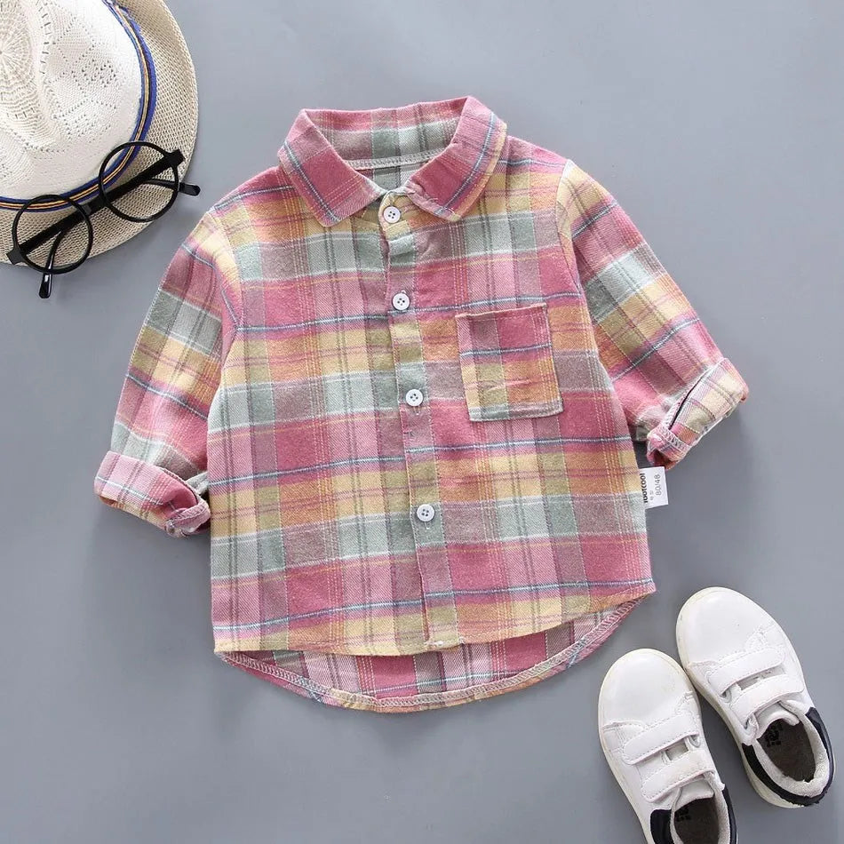 2024 Korean Fashion Children Tops Boys Buffalo Plaid Flannel Shirt Baby Casual Shirt Outerwear Clothes Autumn Girls Blouses 0-5T Leedoar