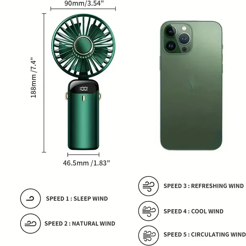 2024 New Arrival Cooling Mini Fan Portable Hand Held Personal 5 Speed Wind Pocket Rechargeable Handheld with Hook Leedoar