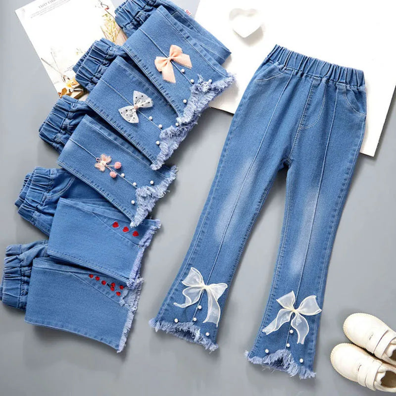 2024 New Autumn Elastic Kids Jeans Girls Cute Leisure Bow Denim Blue Children Flared Pants teenage Girl Clothes Trousers 3-12Y Leedoar