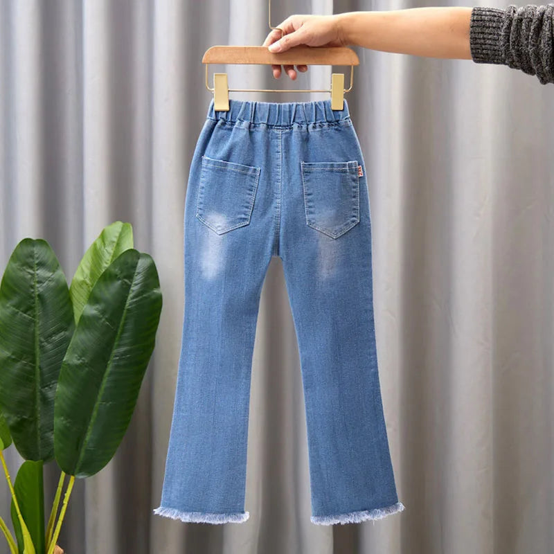 2024 New Autumn Elastic Kids Jeans Girls Cute Leisure Bow Denim Blue Children Flared Pants teenage Girl Clothes Trousers 3-12Y Leedoar