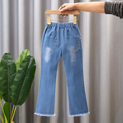 2024 New Autumn Elastic Kids Jeans Girls Cute Leisure Bow Denim Blue Children Flared Pants teenage Girl Clothes Trousers 3-12Y Leedoar